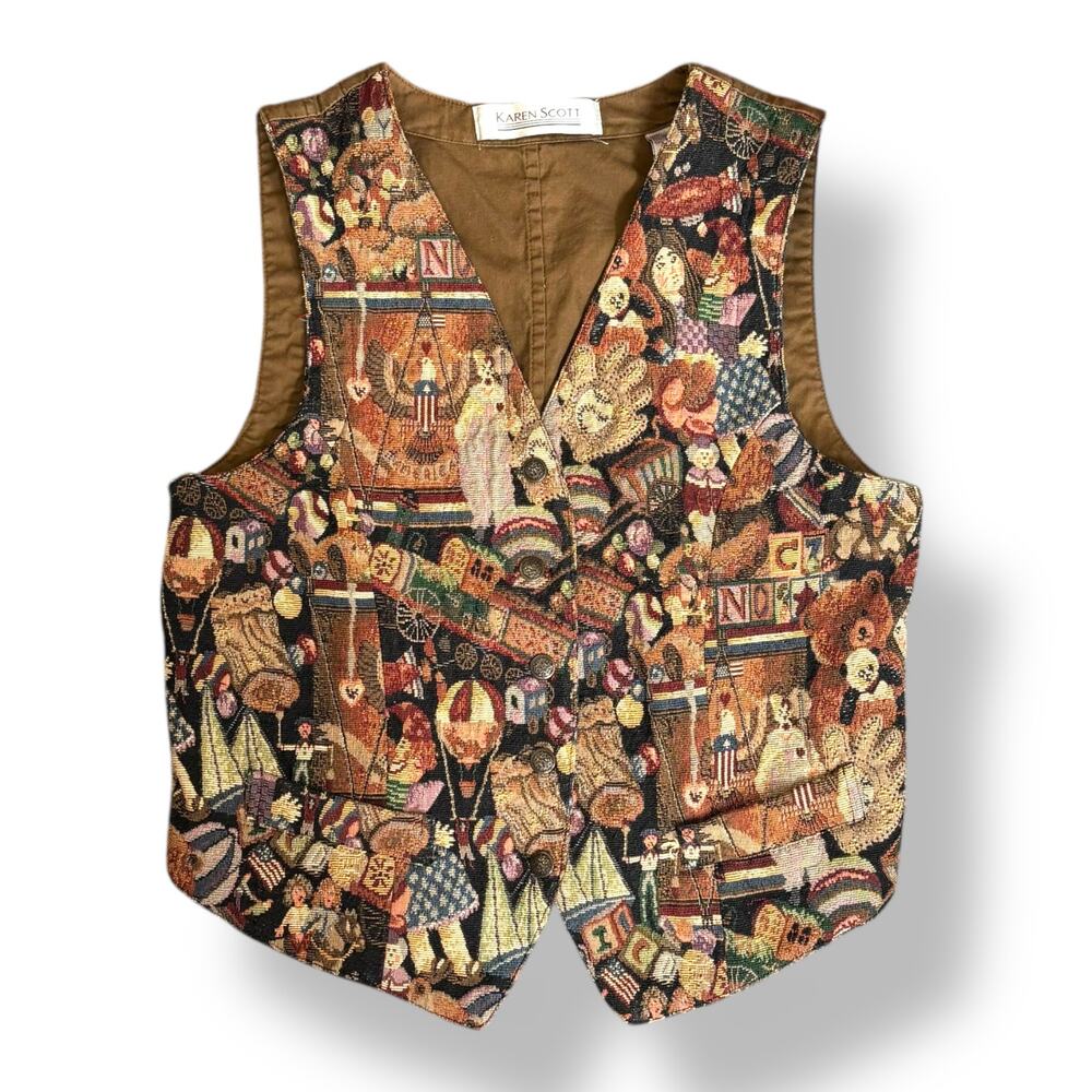 Vintage Tapestry Vest Toys‎ Bears Americana Medium Whimsical Nostalgia Waistcoat